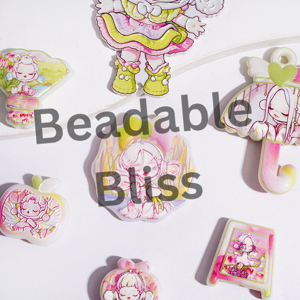 Acrylic Beads and Pendants Sleeping Girl Character Series, Green Pink Style, Random Mix