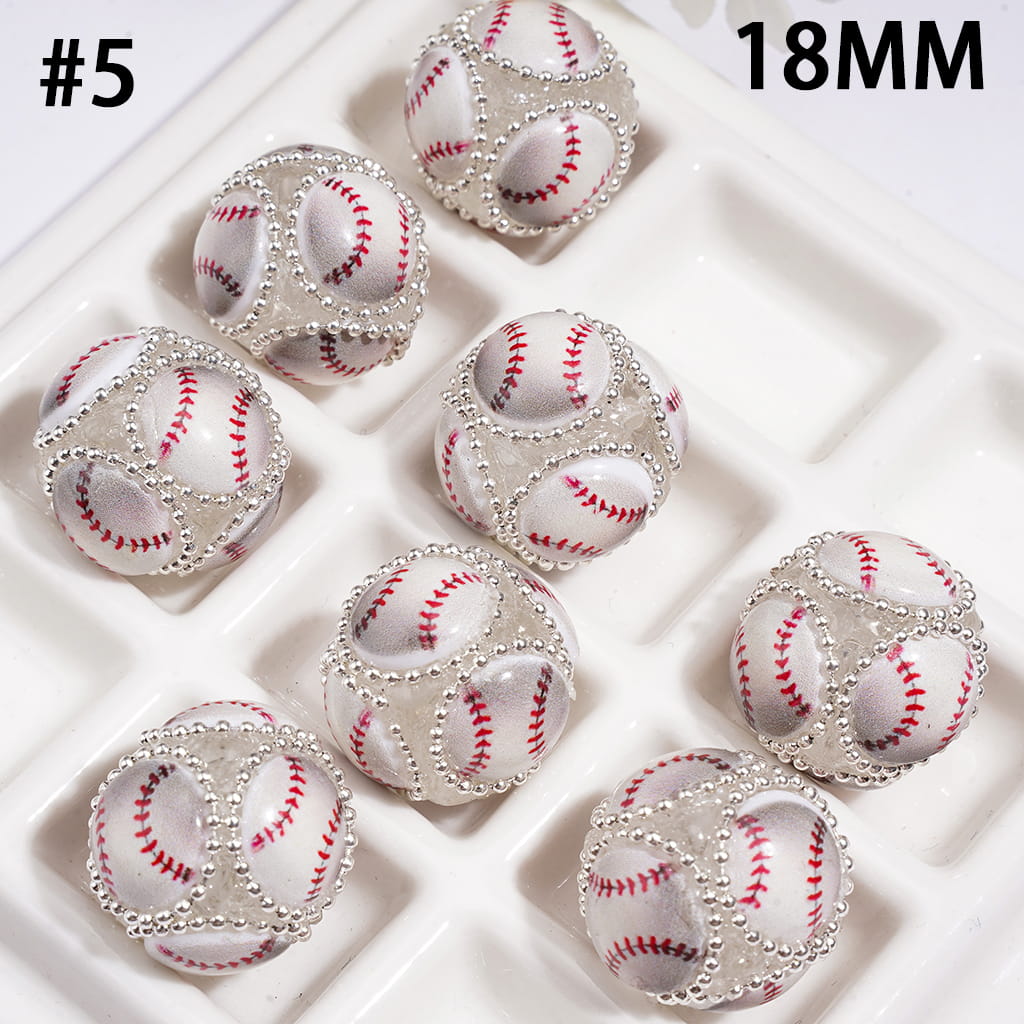 Hand-Made Acrylic Beads with Raised Sports Ball Design & Silver Metal Chain Design, 18MM, Assorted Style