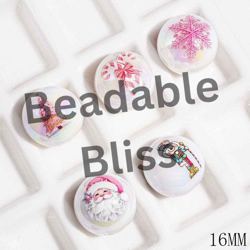 Christmas Tree Snowflakes Santa Claus Candy Cane Wooden Nutcracker Solider Toys UV-Coated Acrylic Beads for Bracelets, 16MM Random Mix