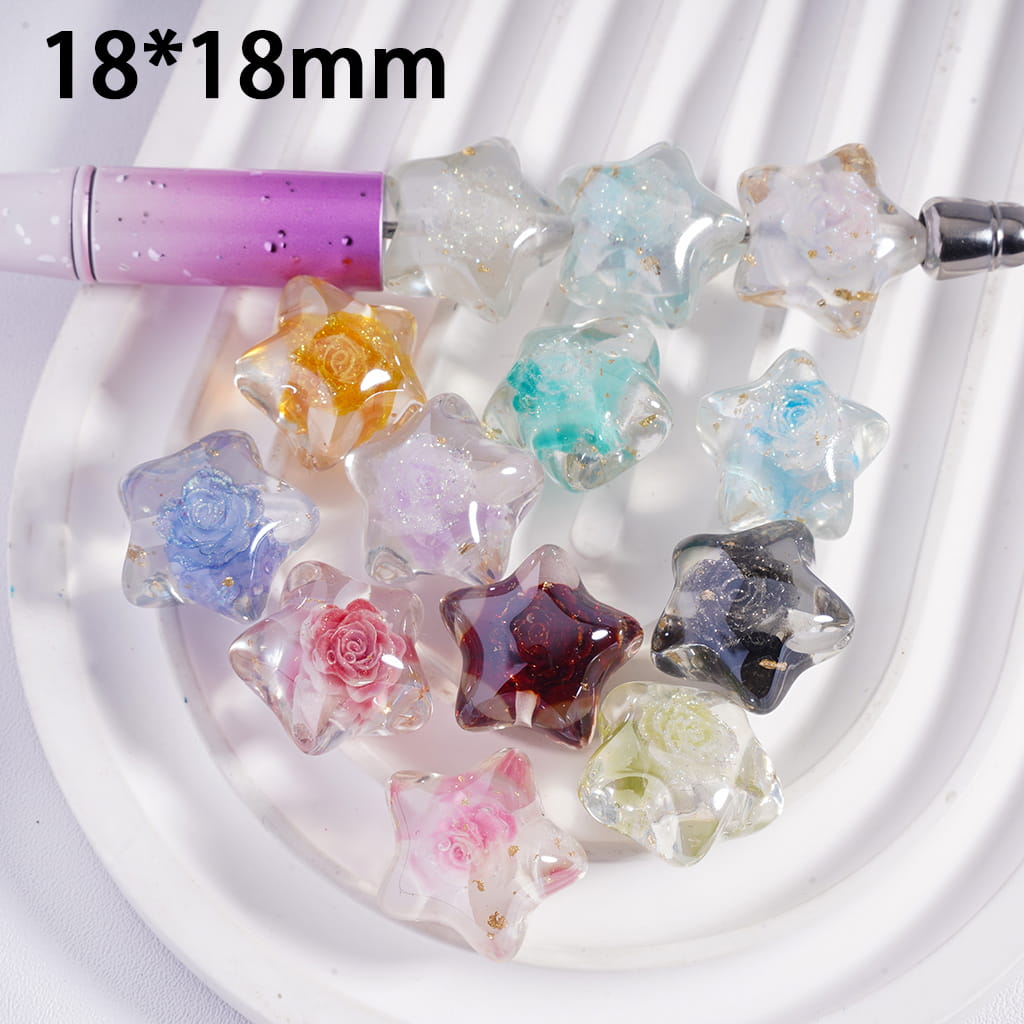 Multicolor Star‑Shaped Acrylic Beads with Embedded Rose Flower & Gold Foil Random Mix