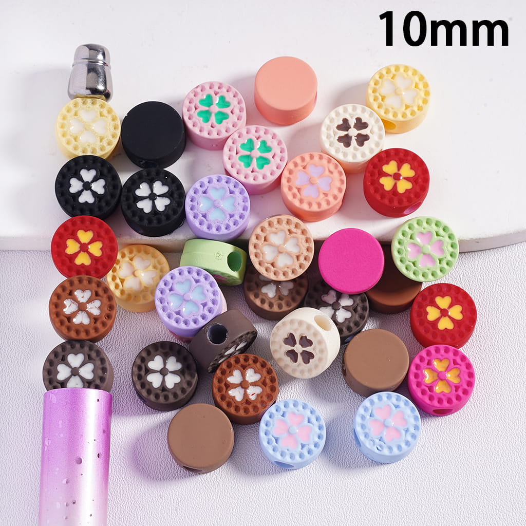 Concavo‑Convex Four‑Leaf Clover St. Patrick’s Day Luck Themed Mini Flat Back Round Acrylic Beads 10MM Random Mix