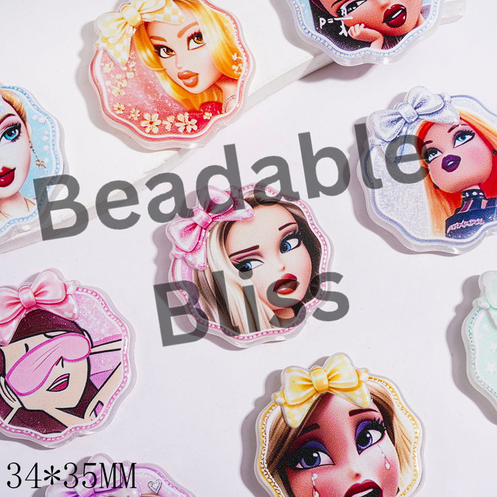 Acrylic Beads Gothic Cool Style Doll Characters with Bowtie and Diverse Facial Expression, 34*35MM Random Mix