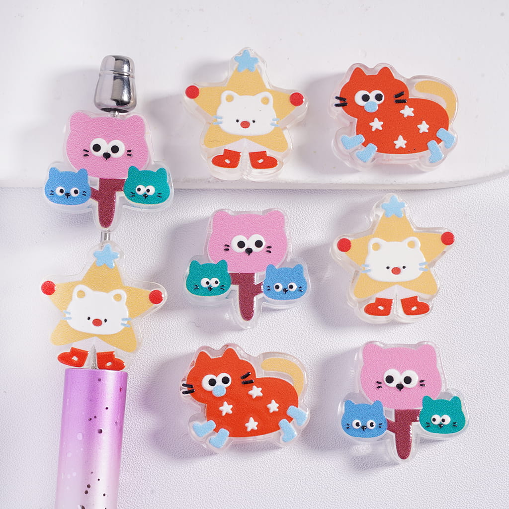Cute Cat Star & Tree Designs, Acrylic Beads Random Mix