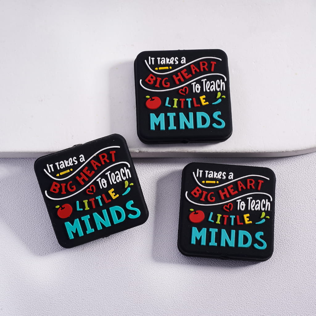 Big Heart to Teach Little Minds” Text "It Takes a BIG HEART To Teach LITTLE MINDS", Red Apple & Pen Flat Squares Silicone Focal Beads