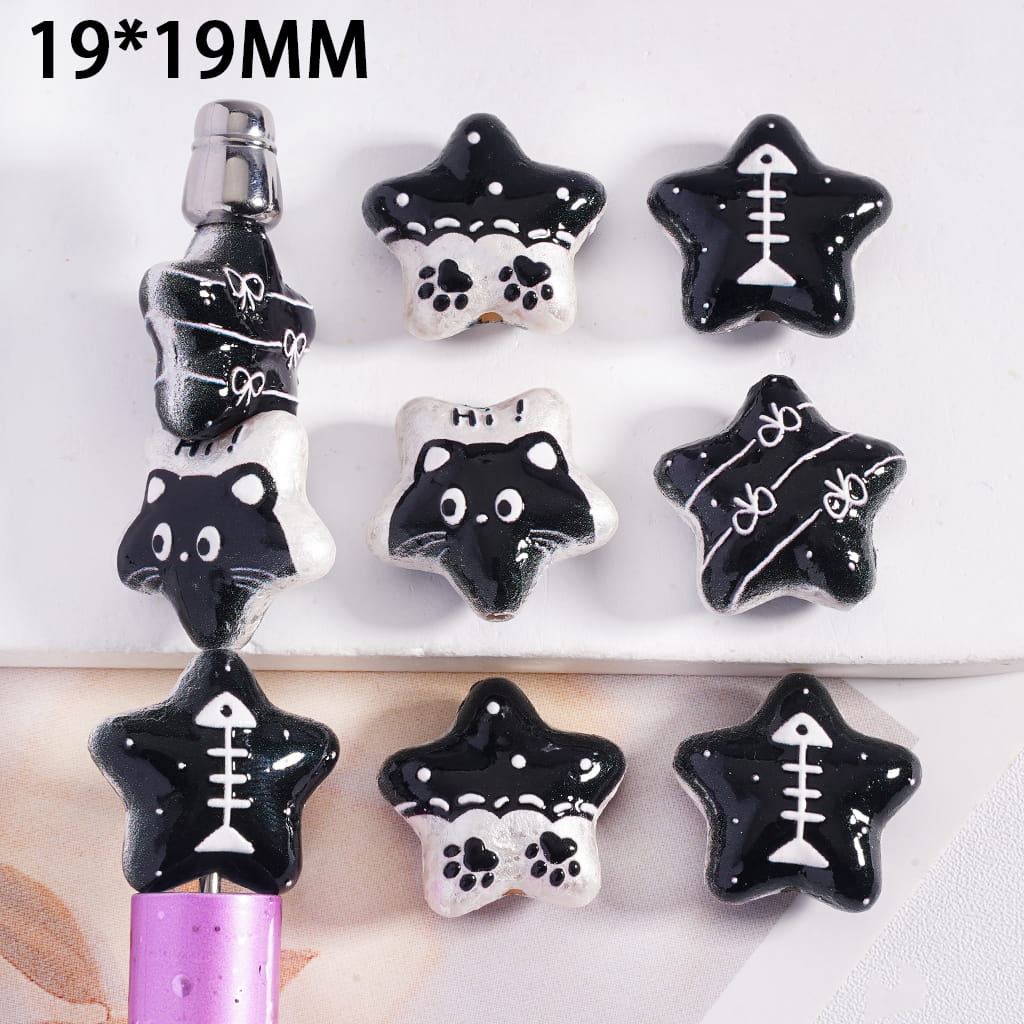 Star with Cat Bowtie & Fishbone Print Acrylic Beads 19*19 mm Random Mix