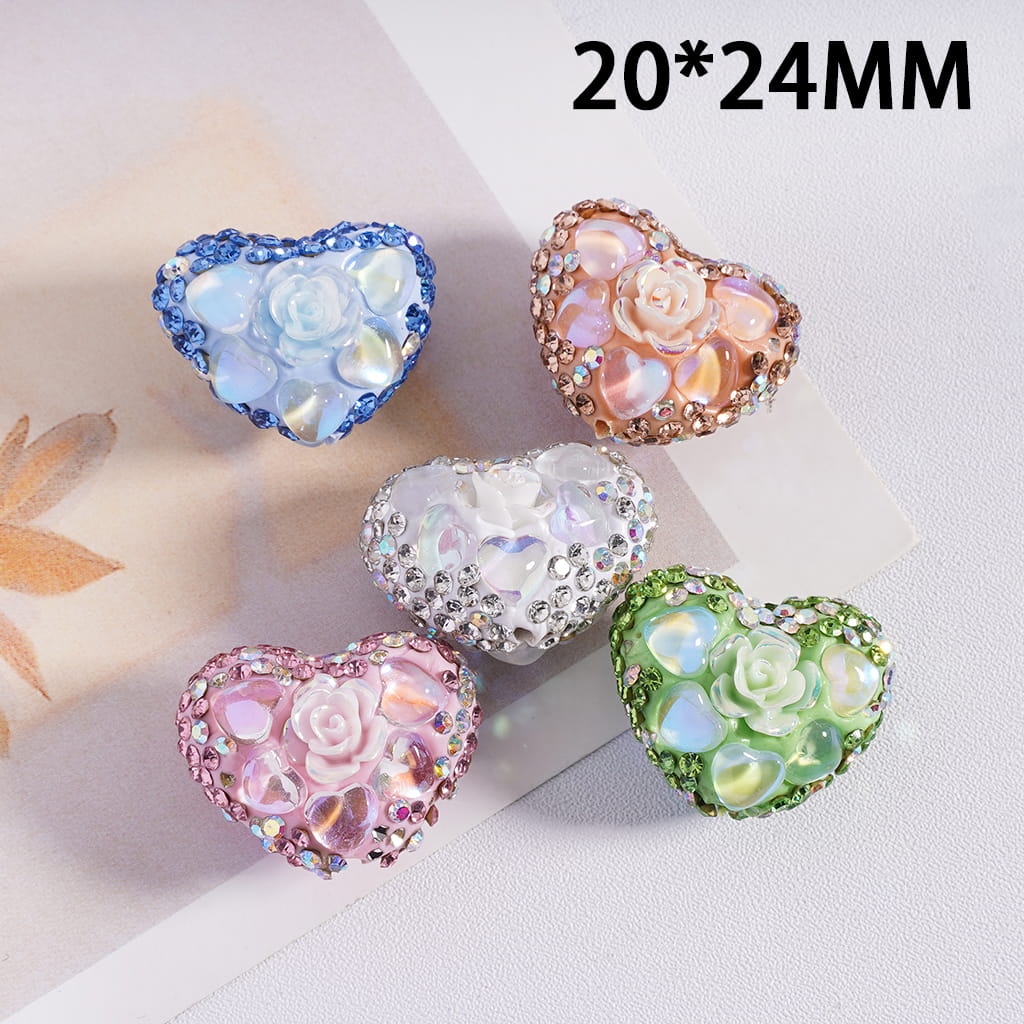 Multicolor Clay Heart Beads with Rose Flowers & Sparkling Rhinestones, 20*24 MM Random Mix