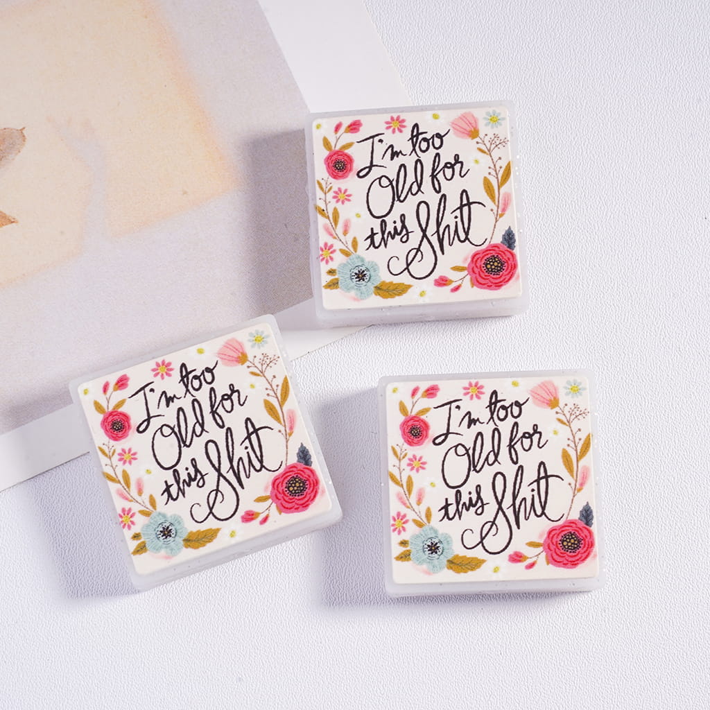 Funny Text with Flower & Silver Glitter Flat Square Design Silicone Focal Beads
