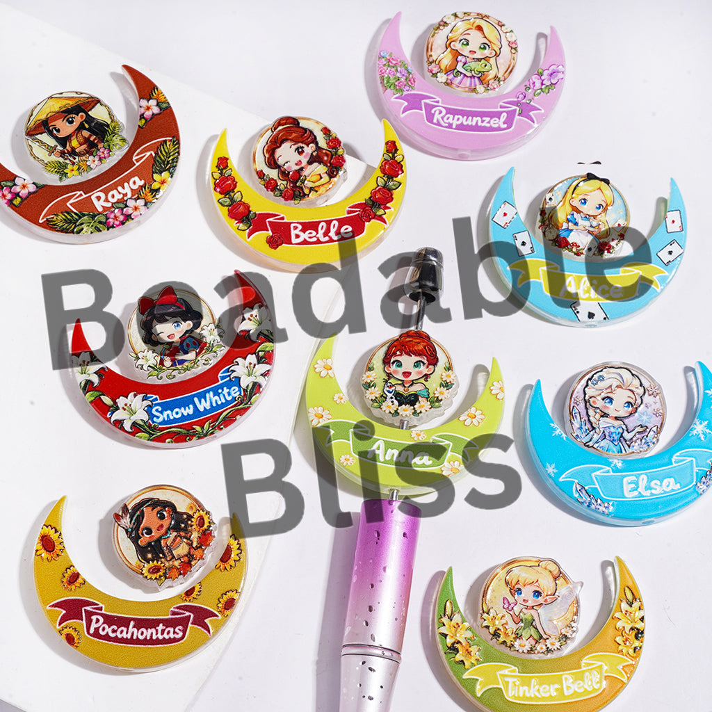 Acrylic Beads Classic Princess Characters and Crescent Moon Collection Set, Random Mix (1 Set=2 Pieces)