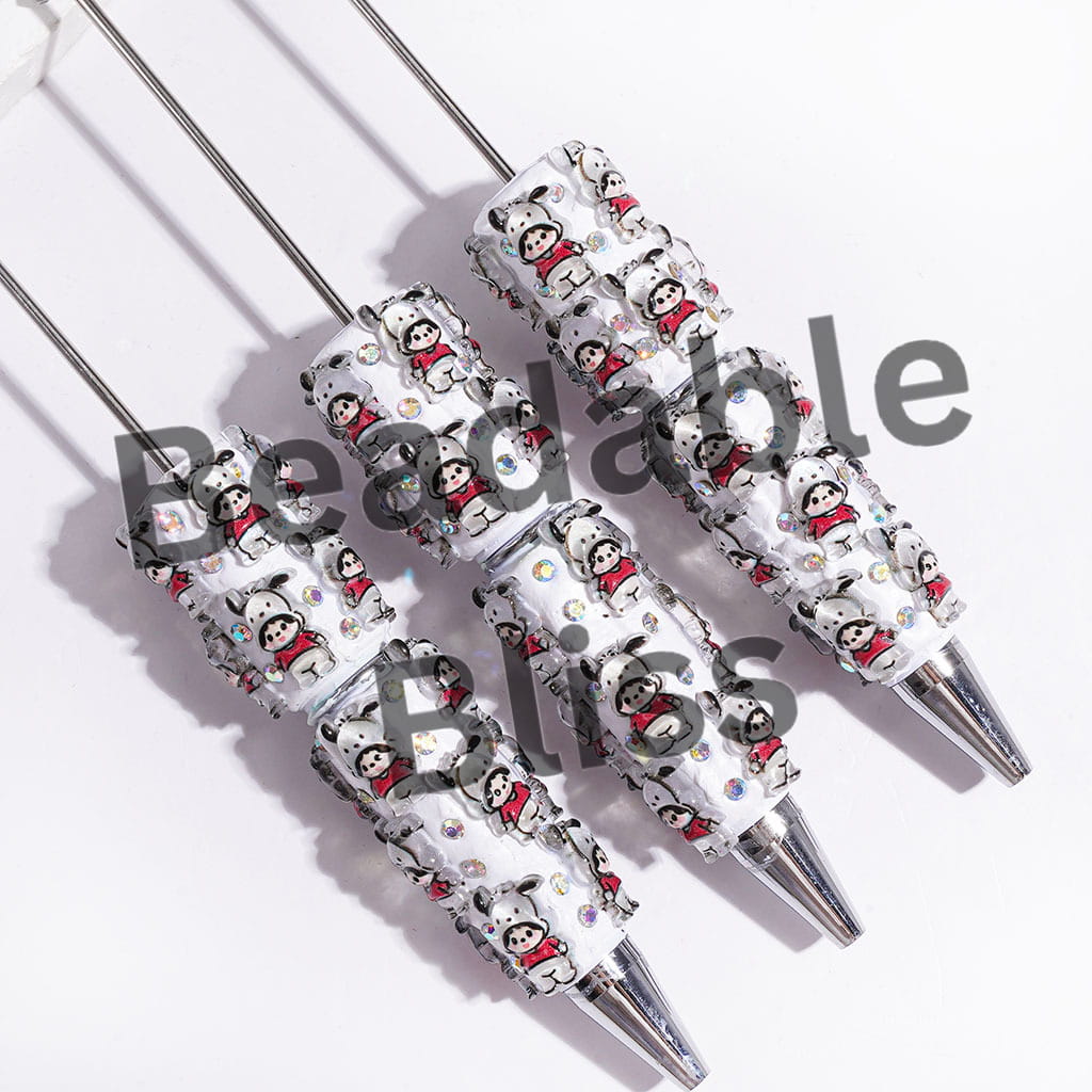 Beadable Clay Pens with Cute Monkey Doll Character Wearing Red Clothes and Dog Hat, AB Rhinestones
