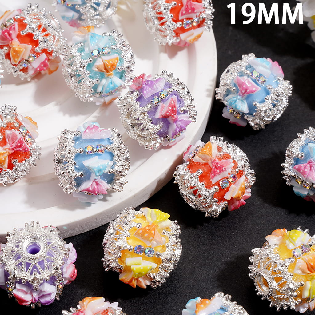 Hand-Made Acrylic Beads w Dual Color Bow & Silver Metal Filigree Cap, AB Rhinestones, 19MM, Random Mix