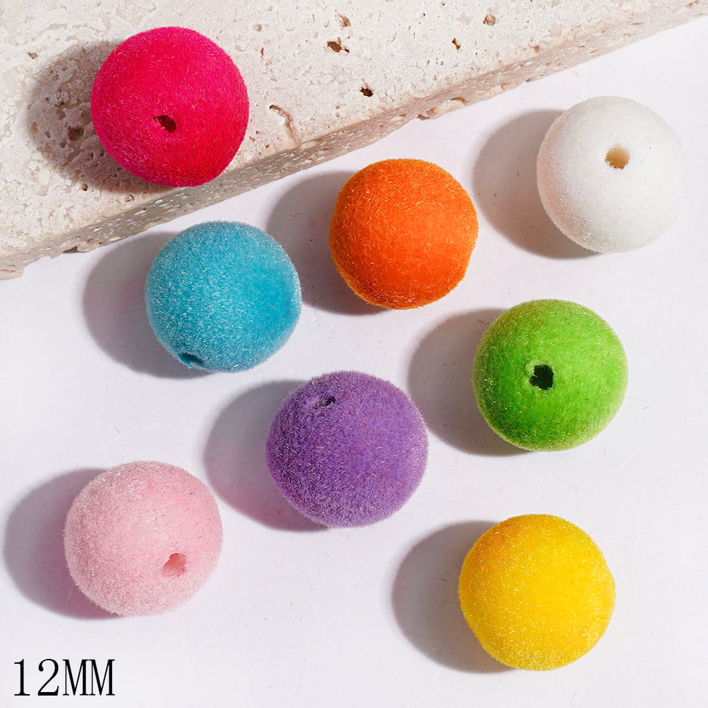 Acrylic Beads for Bracelets Flocked Fluffy Round Shape, 12MM Multi-Color Random Mix