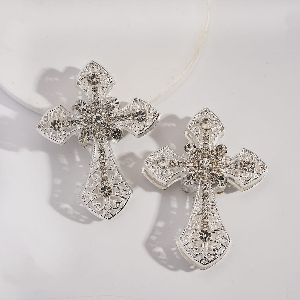 Alloy Cross Floral Scrolls Clay Bead with Clear Rhinestones 55*71MM
