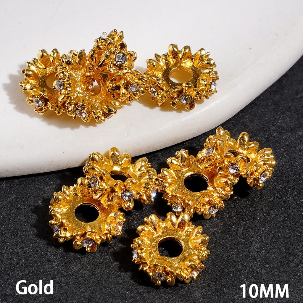 Metal Spacer Beads Five-Petaled Flower with Clear Rhinestones, 10MM, Silver and Gold