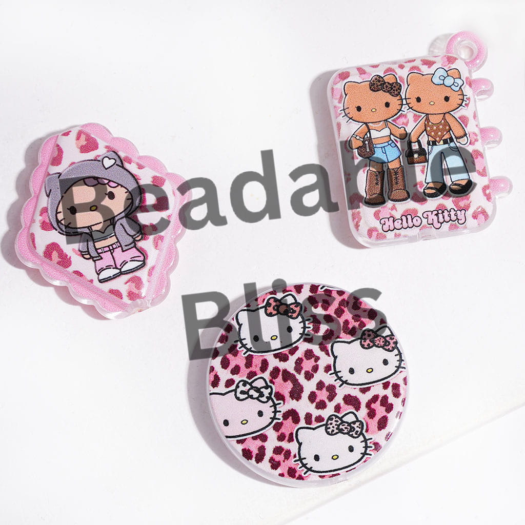 Tan Skin Cute Cat Character in Pink Leopard Series Acrylic Beads and Pendants, Random Mix