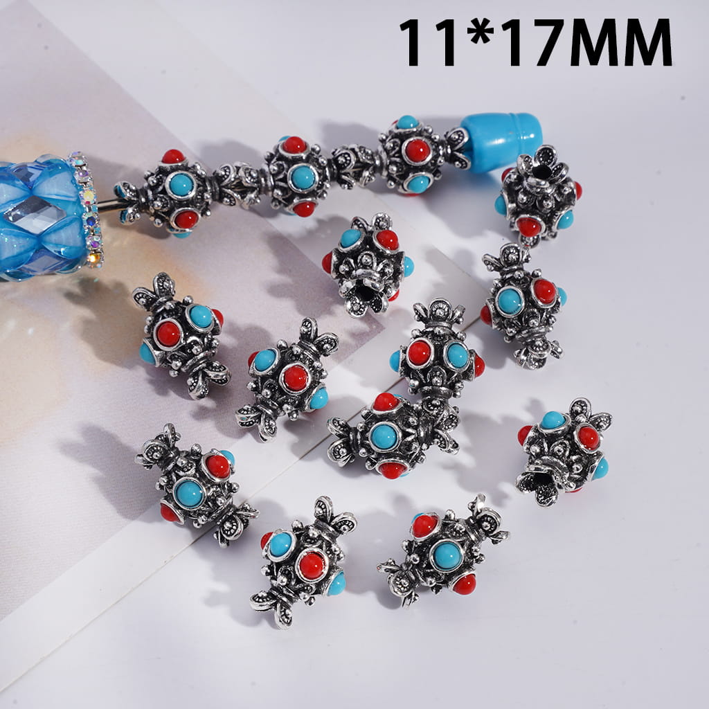 Gun Black Finish Fancy Alloy Beads with Teal & Red Half‑Side Accent in National Style, 11*17MM