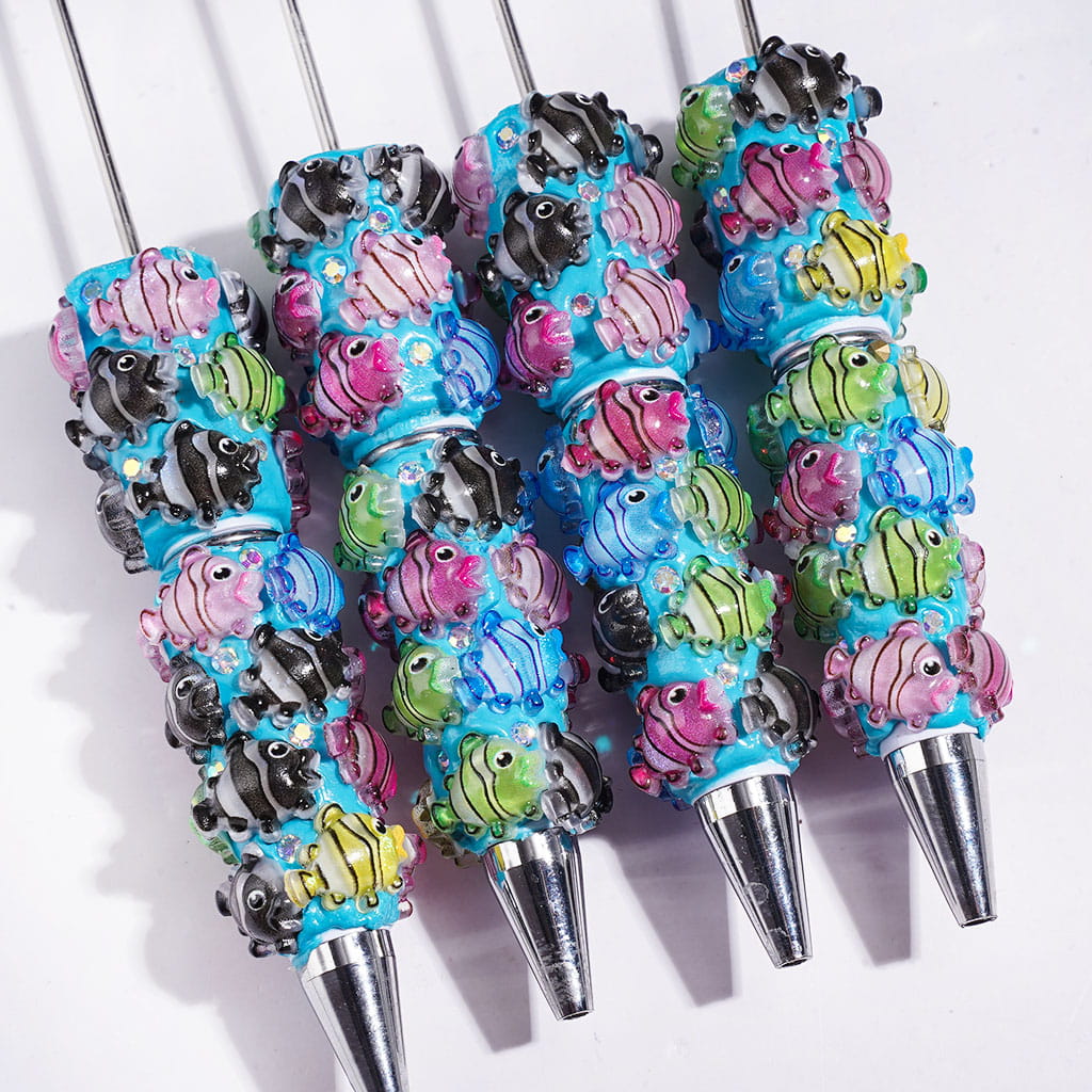 Whimsical Ugly Fish Character with Glitter Finish & AB Rhinestone Sparkle, Semi-Clear Beadable Clay Pens, Assorted Colors