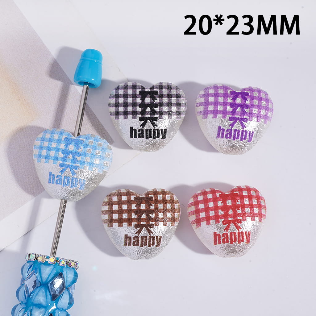 Heart Shape with Text "happy" and Checkered Bowtie Patterns, Acrylic Heart Beads 20*23MM, Random Mix