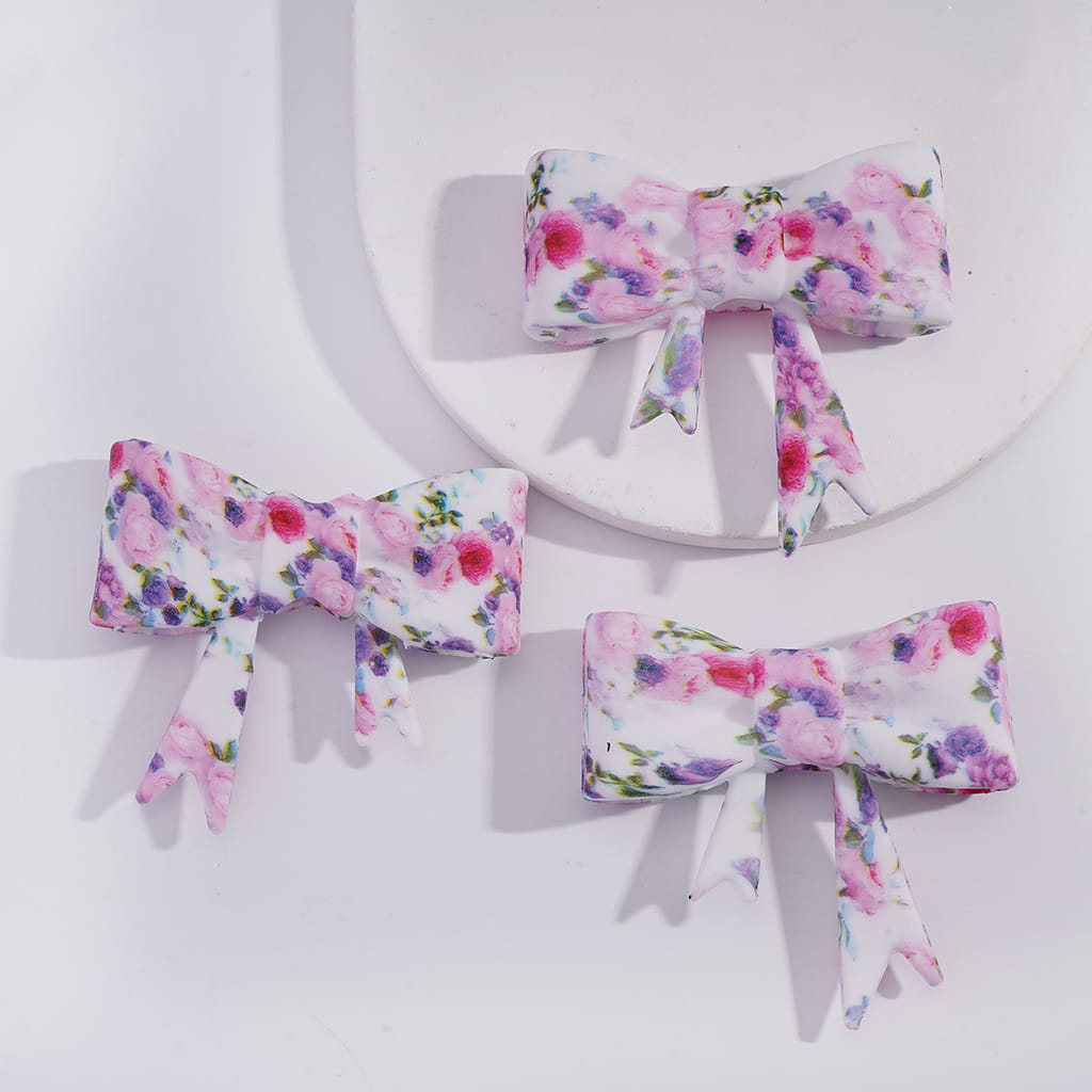 Food‑Grade Silicone Bowtie Straw Topper with Rose Flower Prints
