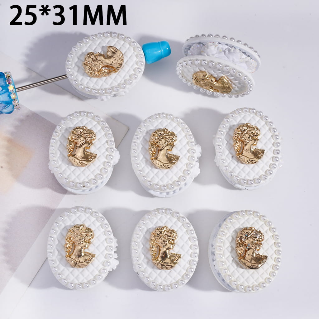 Clay Beads with Alloy Oval Shape Gold Duchess Portrait & White Pearls, w UV Coating Rose Flowers, 25*31MM