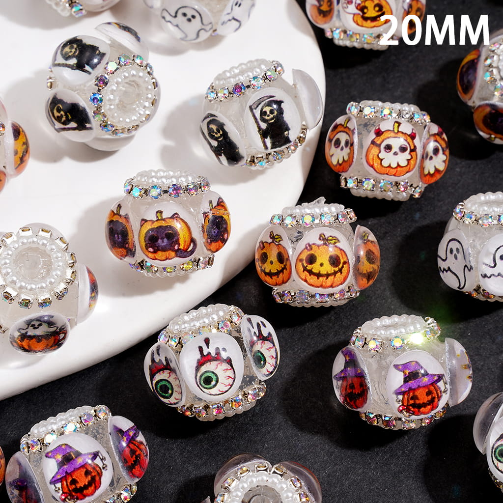 Spooky Halloween Theme Print Handmade Acrylic Beads with Clear Rhinestones, AB Rhinestone & White Pearl Trim, 20MM