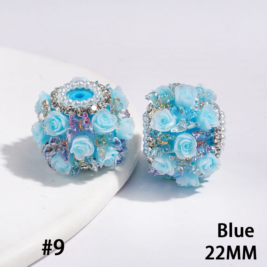 Handmade Acrylic Beads with Rose Flower Gradient Butterfly, Clear Rhinestone and White Pearl Chains, 22MM Multi-Color (Please Read the Description)