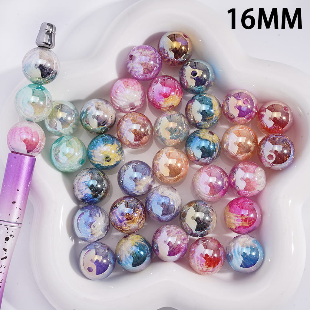 UV Coating Glittery Flower Buds Embedded Inside Beads Round Acrylic Beads for Bracelets 16MM Random Mix