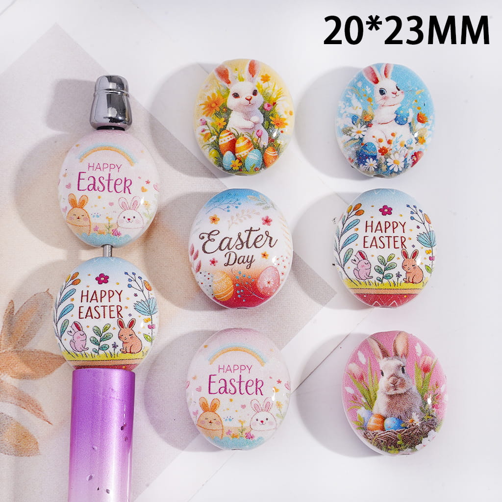 Easter Rabbit & Egg Oval Shape Flat Back Acrylic Beads 20*23MM, Random Mix
