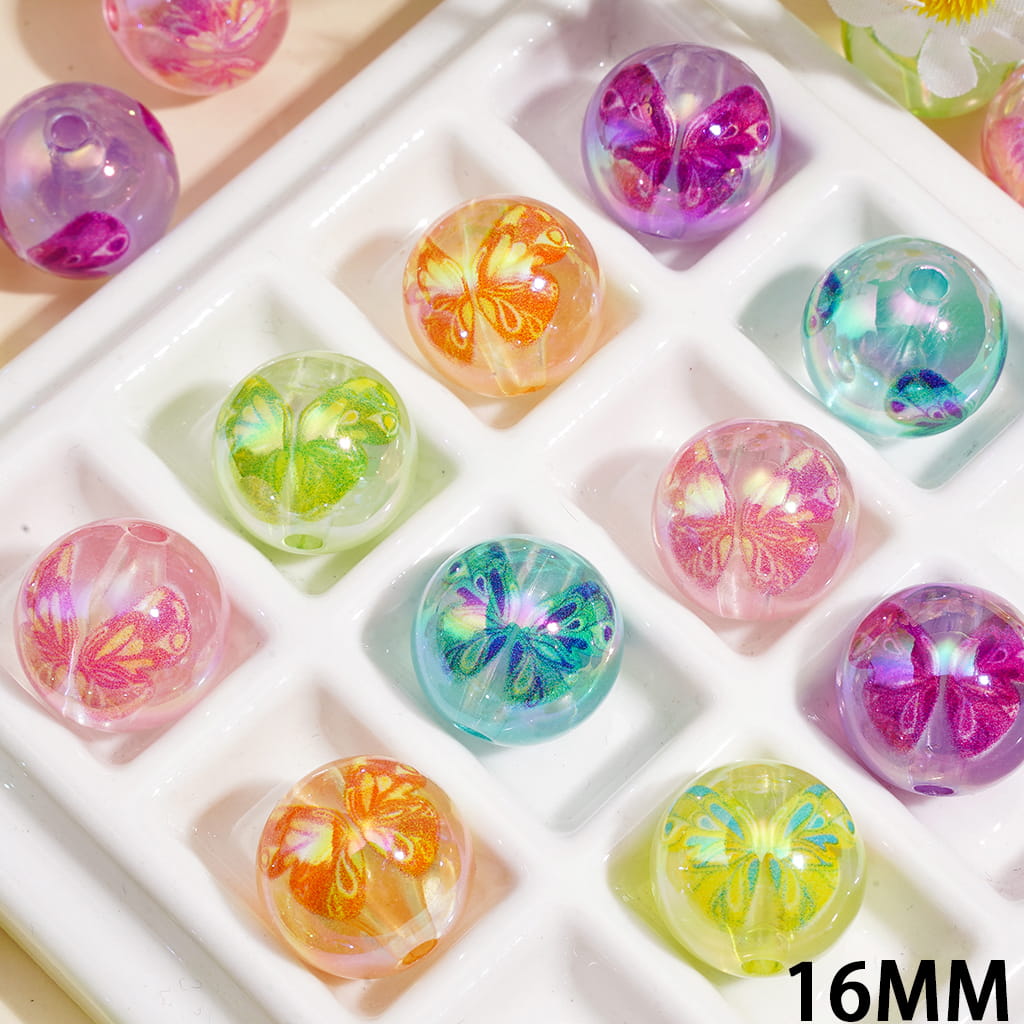 Acrylic Beads for Bracelets UV Coating with Butterfly Prints, Semi-Clear, 16MM, Random Mix
