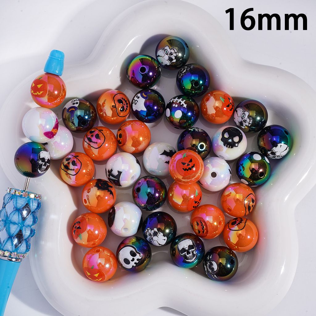 UV Coated Spooky Halloween Style Pattern Round Acrylic Beads 16mm Random Mix