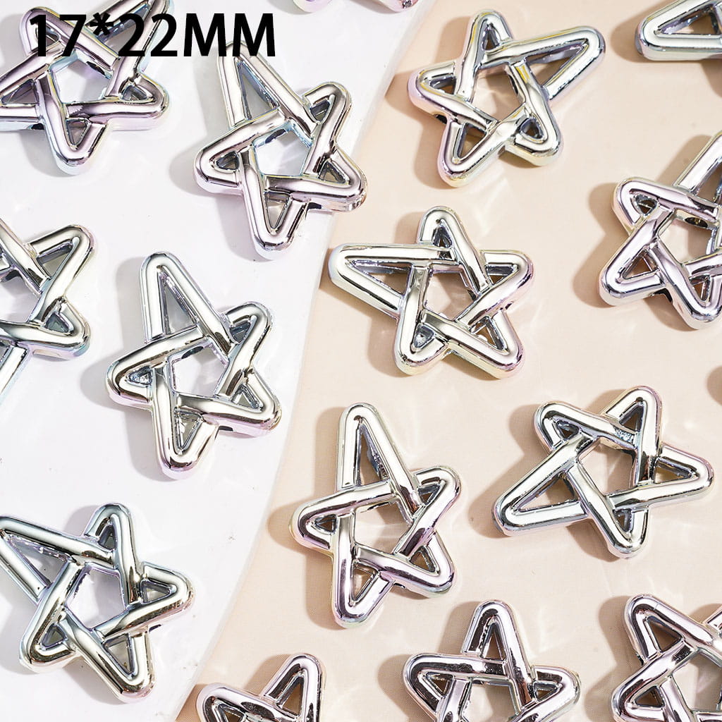 Silver Hollow Star Acrylic Beads, Metallic Laser Galaxy Iridescent Holographic Finish, 17×22MM