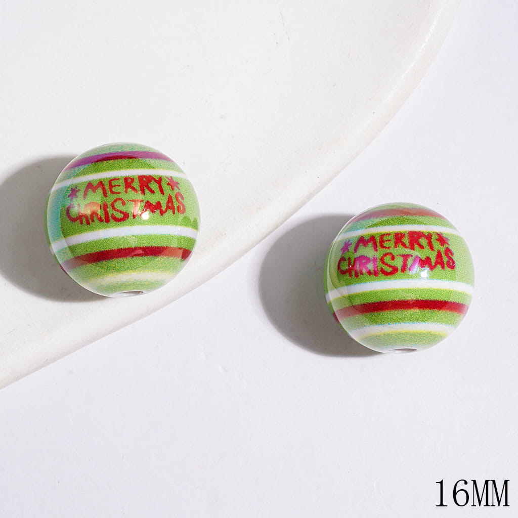 UV-Coated Green, Red & White Stripe Pattern with Text "Merry Christmas" Printed Round Acrylic Beads for Bracelets, 16MM, Random Mix