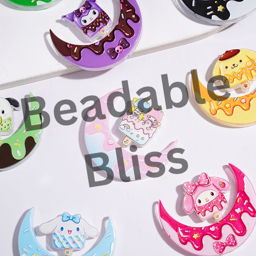 Acrylic Beads Adorable Character Print Series, Crescent Moon and Ice Lolly Collection Set, Dessert Theme, Multi-Color, Random Mix