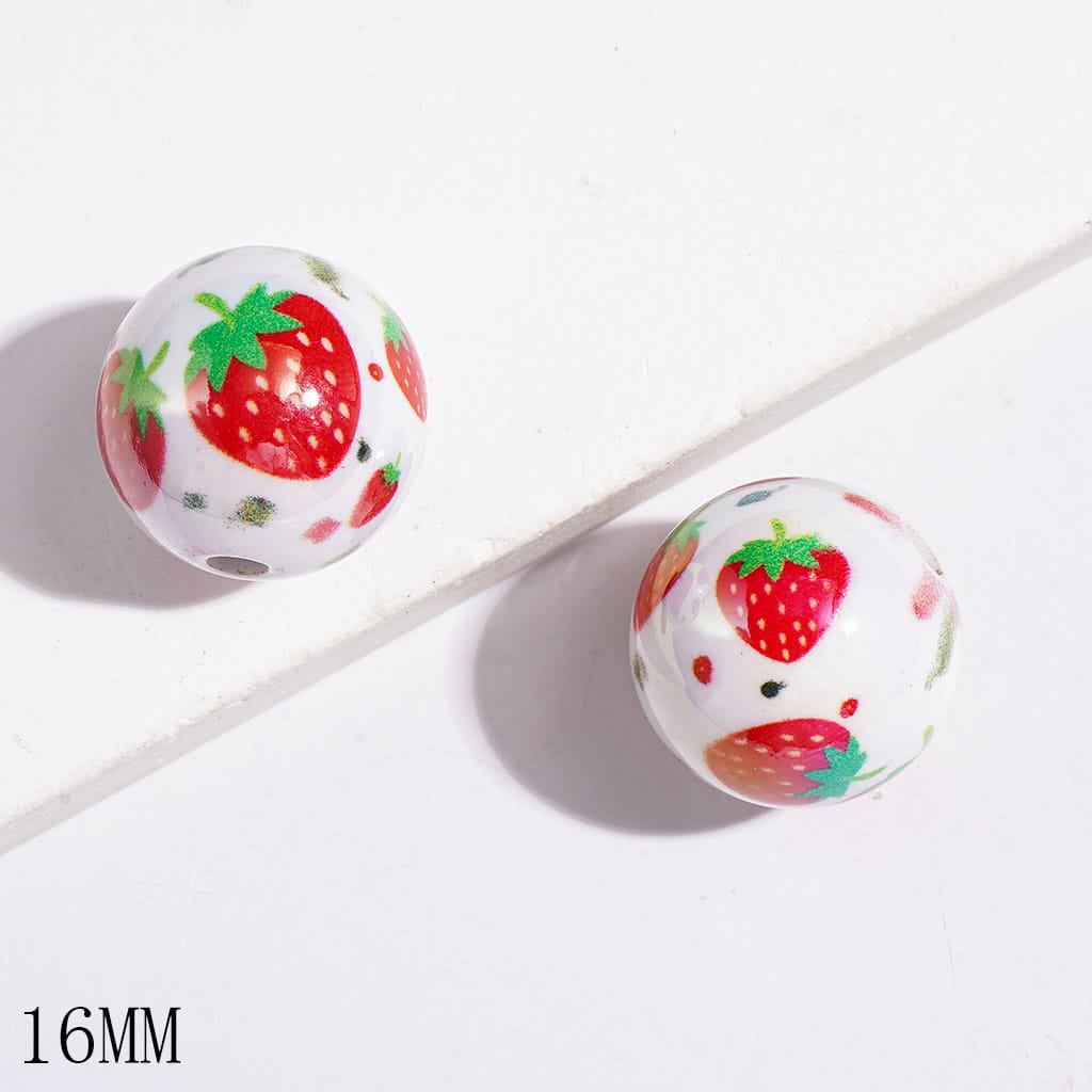 UV-Coated Sweet Strawberry & Green-Red Spott Printed Round Acrylic Beads for Bracelets, 16MM, Random Mix