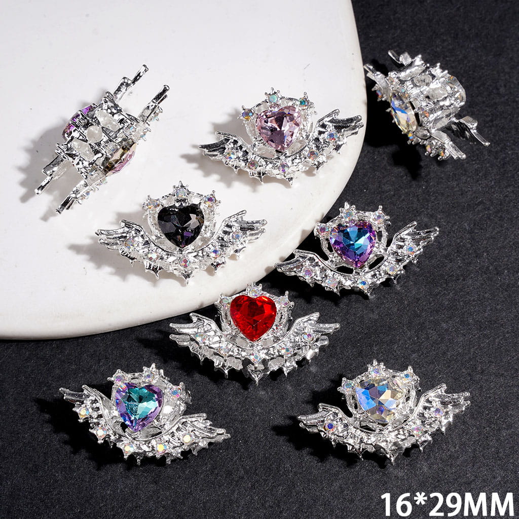 Elegant Heart & Angel Wing Shaped with AB Rhinestone Sparkle Silver Metal Beads, 16*29MM, Multicolor, Random Mix