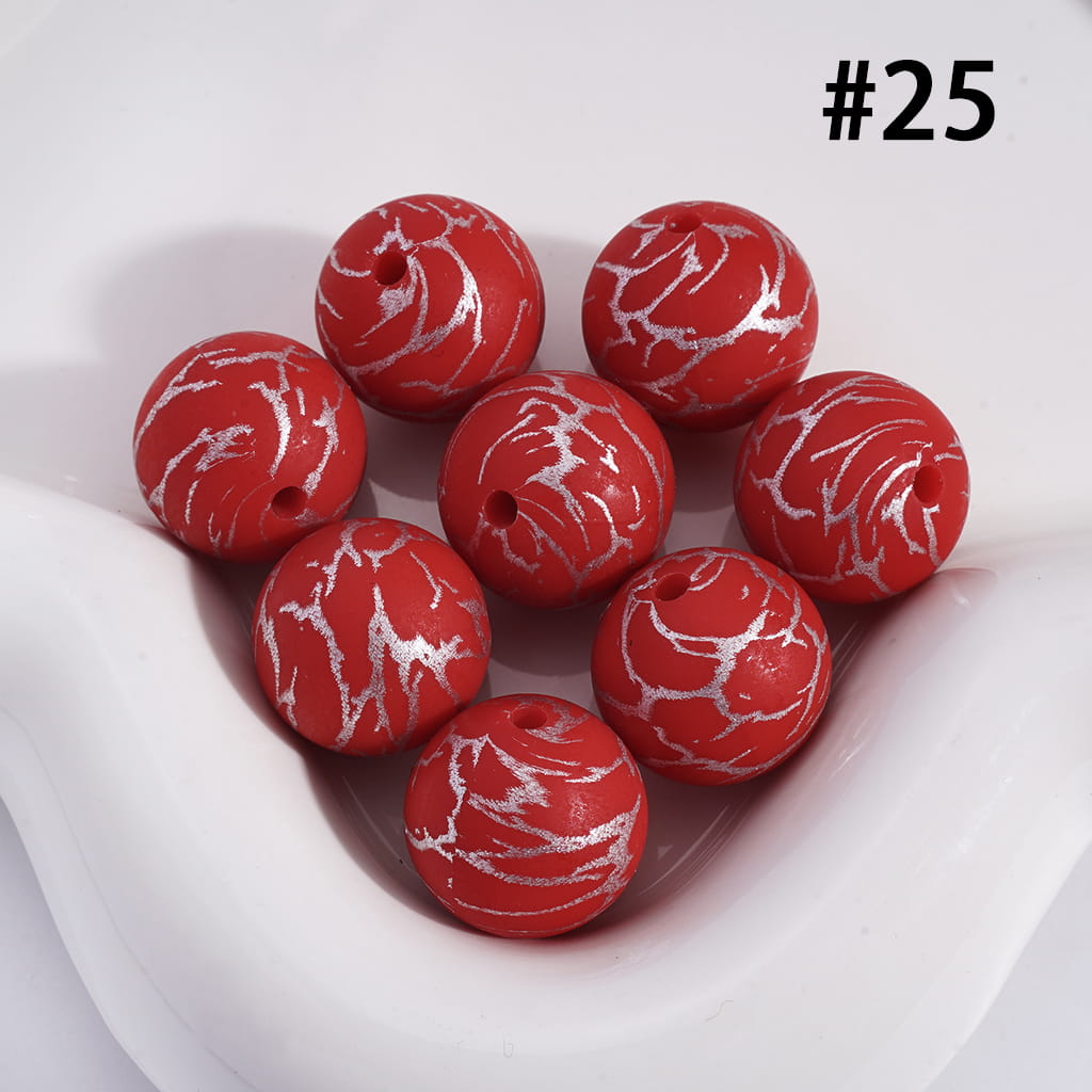 Dark Red Color with Silver-Colored Cracks, Round Printed Silicone Beads 15MM, Number 25