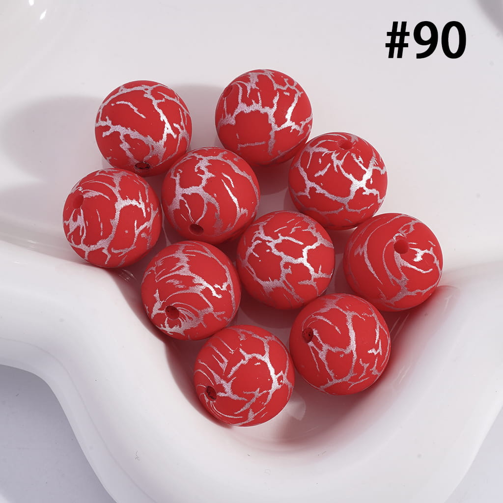 Bright Red Color Printed Silicone Beads with Silver-Colored Cracks, 15MM, Number 90