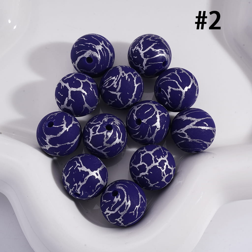 Navy Blue Round with Silver-Colored Cracks, Printed Silicone Beads 15MM, Number 2