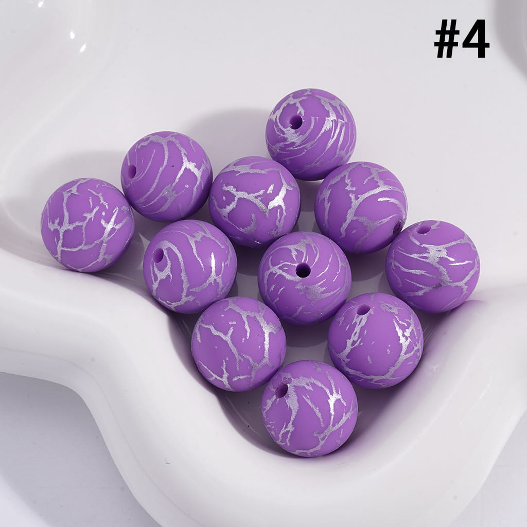Purple Round with Silver-Colored Cracks, Printed Silicone Beads 15MM, Number 4