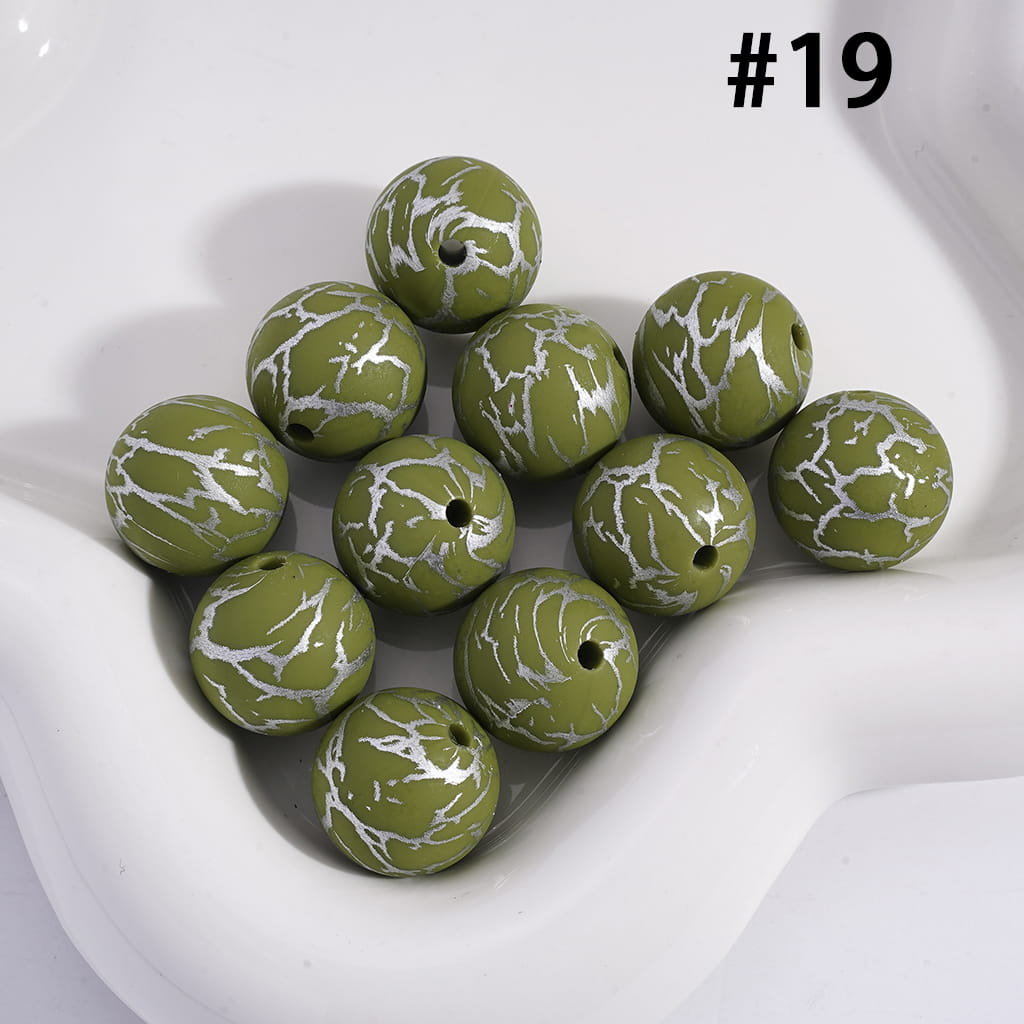 Olive‑Green with Silver Colored Cracks Round Printed Silicone Beads 15mm Number 19
