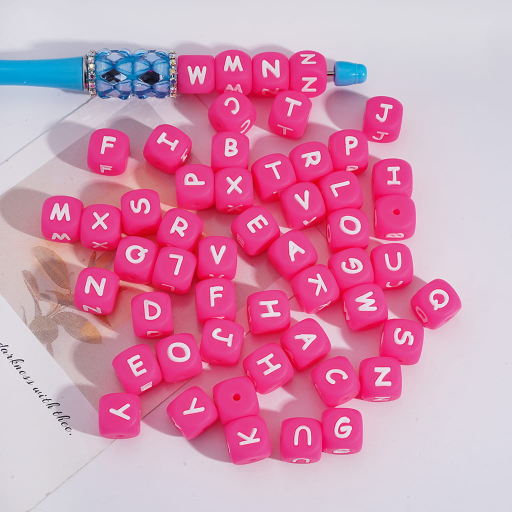 Pink Alphabet Letter A to Z Cube Shape Silicone Focal Beads 12MM