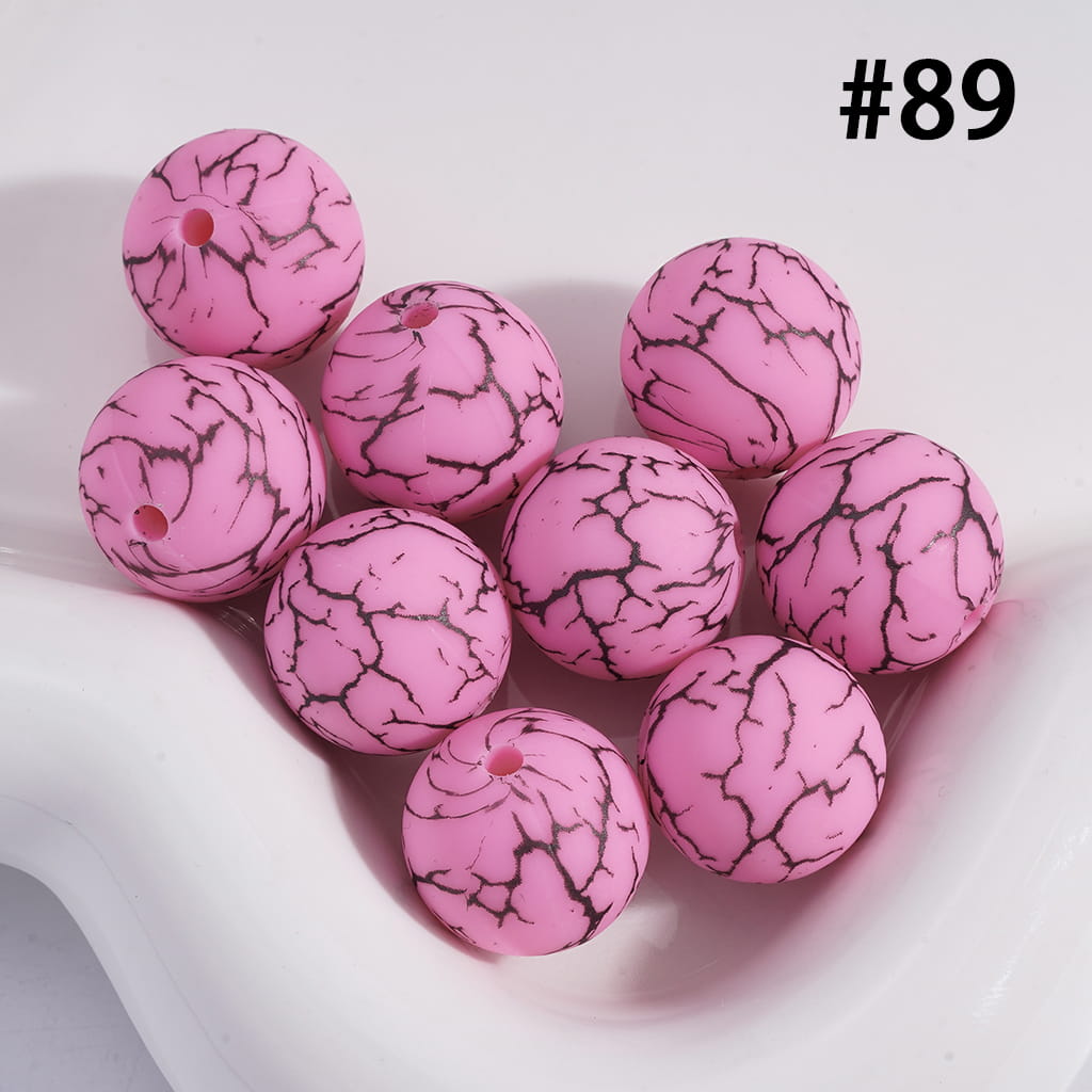 Pink Color Round Printed Silicone Beads with Black-Colored Cracks, 15MM, Number 89