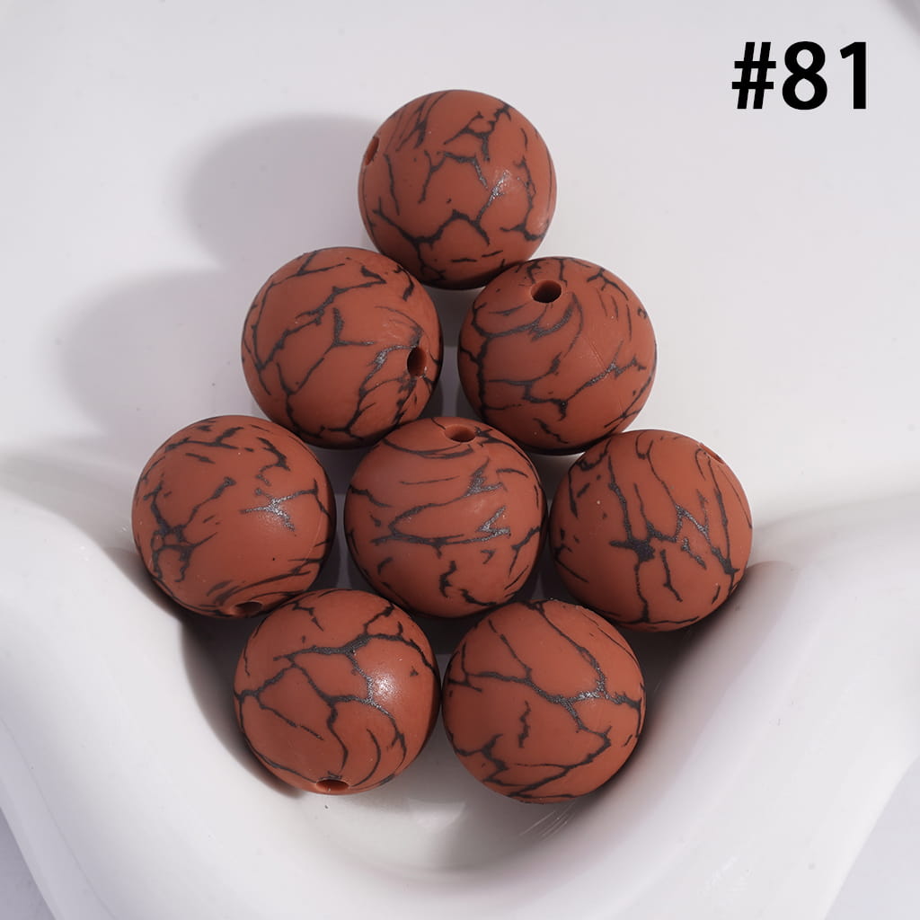 Red Brown Color Round Printed Silicone Beads with Black-Colored Cracks, 15MM, Number 81