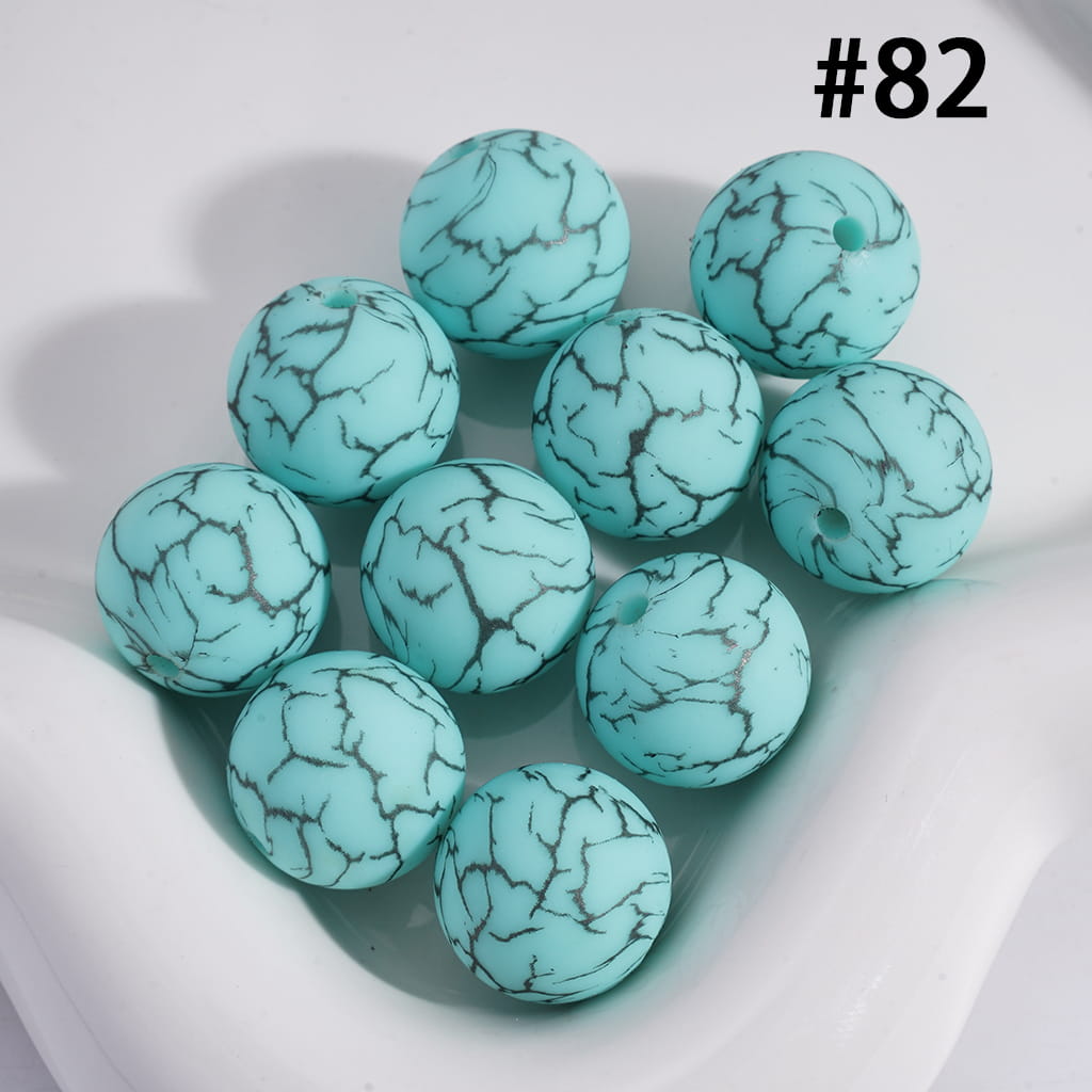 Light Mint Green Color Round Printed Silicone Beads with Black-Colored Cracks, 15MM, Number 82