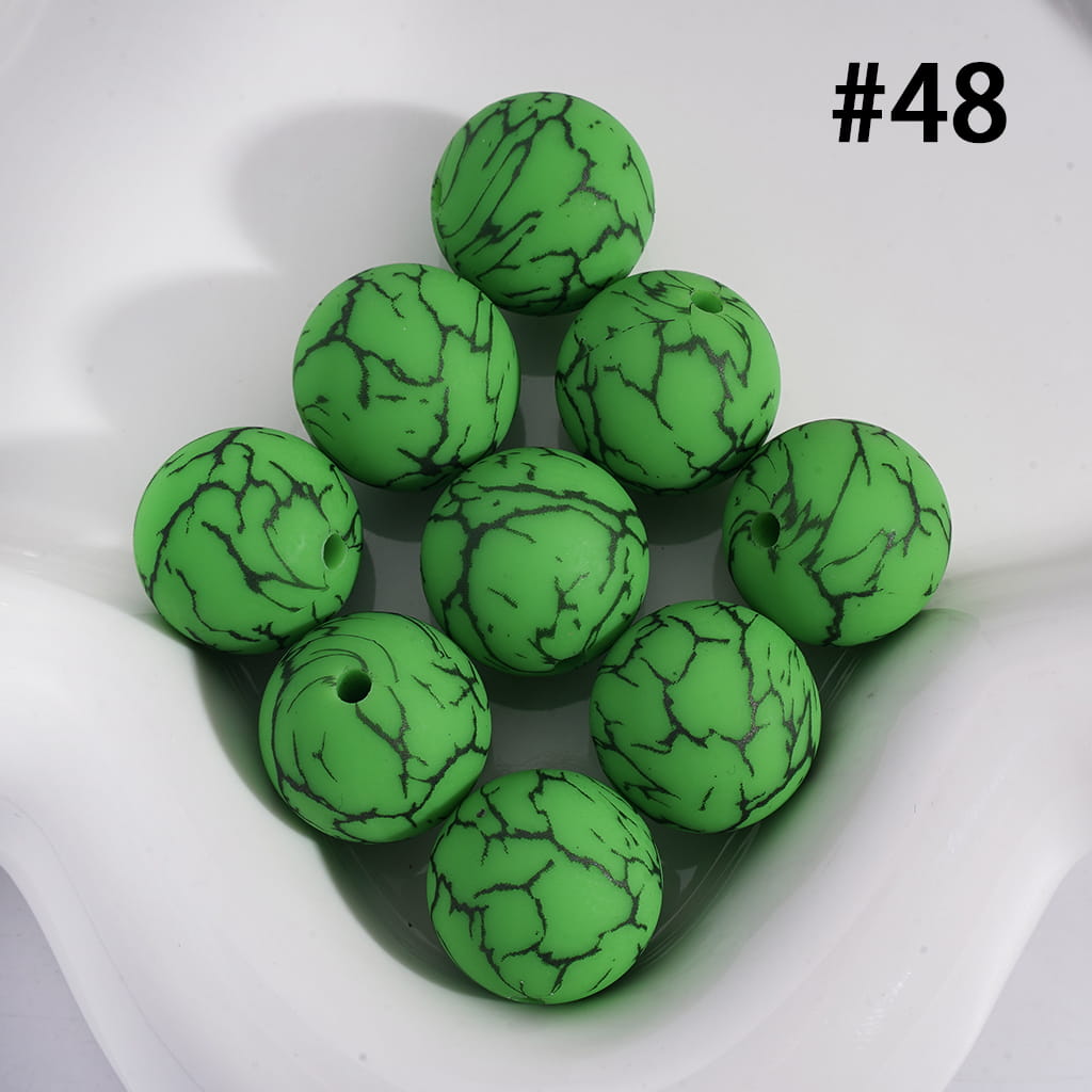 Green Color Round Printed Silicone Beads with Black-Colored Cracks, 15MM, Number 48