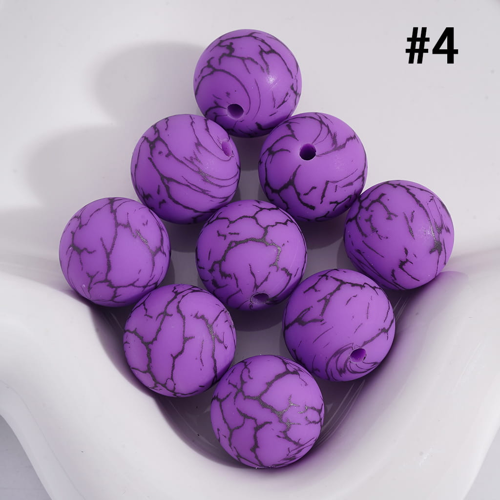 Purple Color Round Printed Silicone Beads with Black-Colored Cracks, 15MM, Number 4