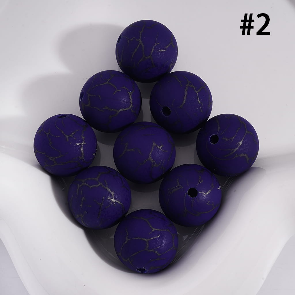 Navy Blue Color Round Printed Silicone Beads with Black-Colored Cracks, 15MM, Number 2