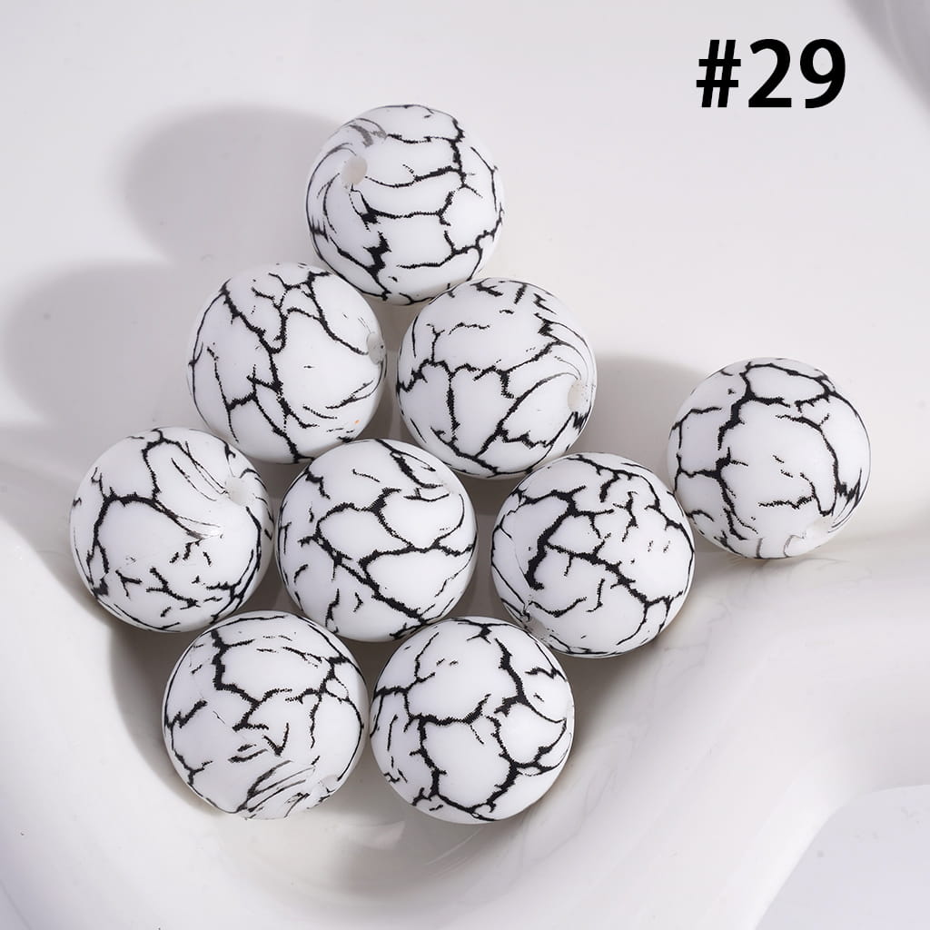 White Color Round Printed Silicone Beads with Black-Colored Cracks, 15MM, Number 29