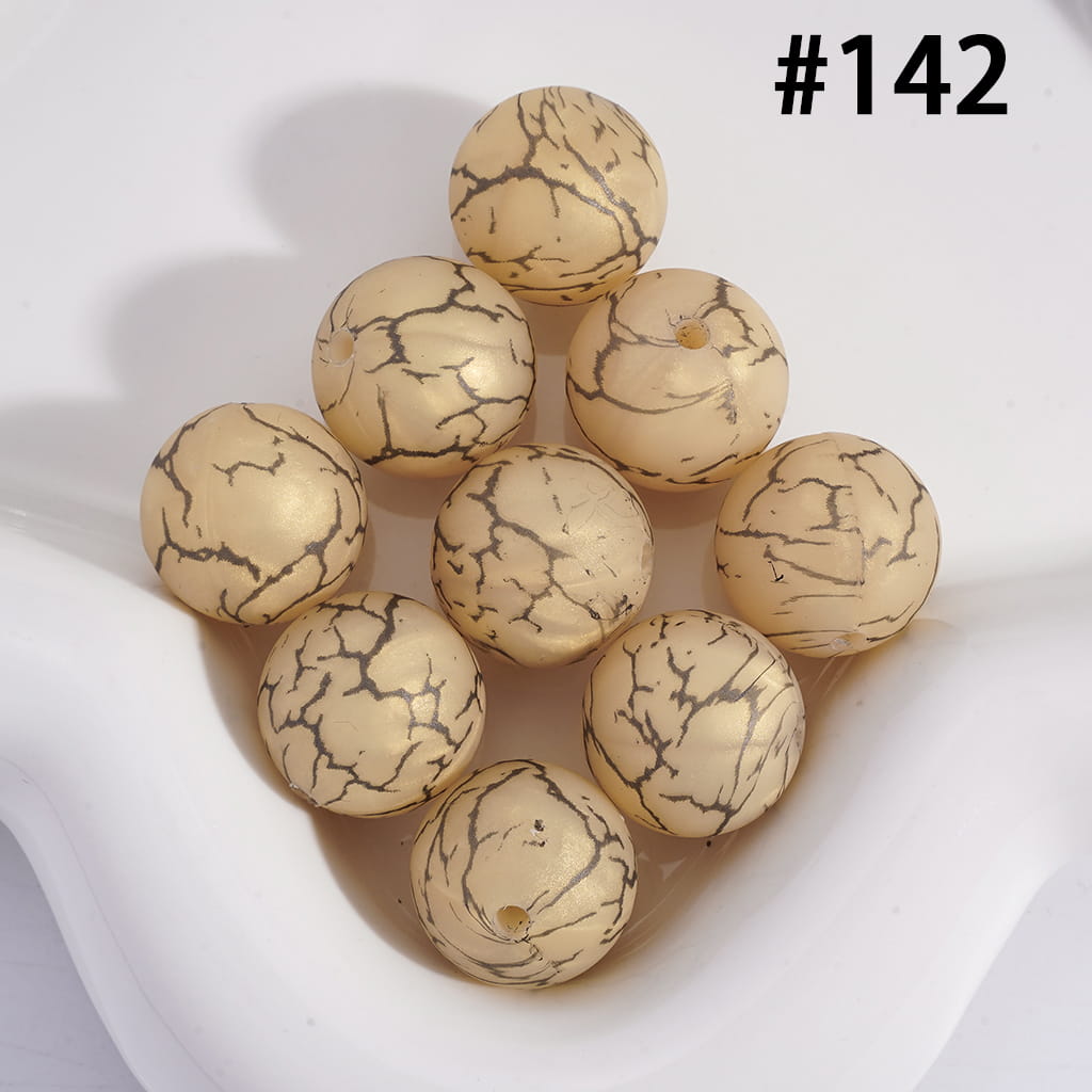 Faint Yellow Color Round Printed Silicone Beads with Black-Colored Cracks, 15MM, Number 142