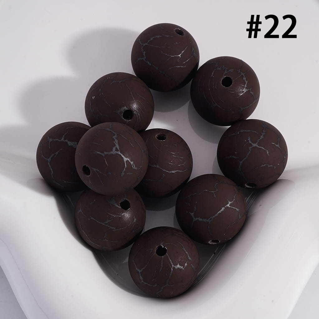 Dark Brown Color Round Printed Silicone Beads with Black-Colored Cracks, 15MM, Number 22