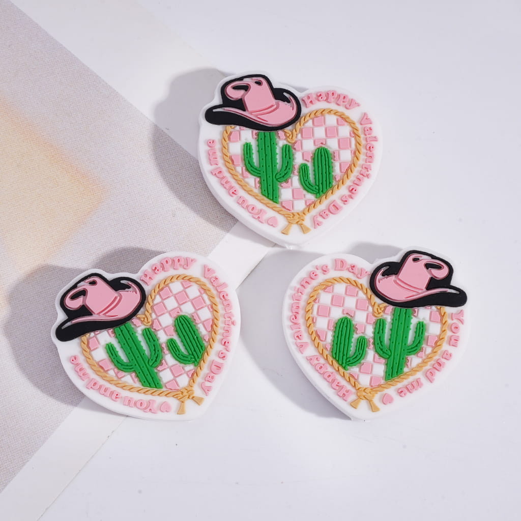 Cowboy Hat & Cactus Heart Shape Silicone Focal Beads with Text "Happy Valentine's Day You and Me"